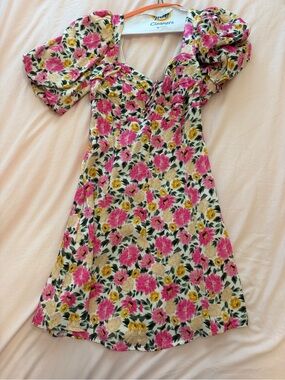 For Love & Lemons Pink, Yellow & Cream Puff-Sleeve Mini Dress